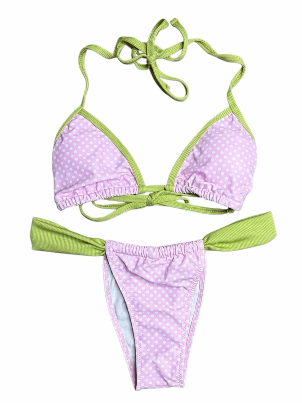 Pink Polka Dot Bikini with Lime Green Trim Small